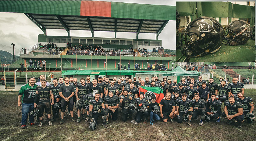 PORTO ALEGRE - RS - 18/06/2016 - FUTEBOL AMERICANO GAUCHO 2016, JUVENTUDE  FA X SANTA MARIA SOLDIERS - jogador do Juventude FA disputa lance com  jogador do Santa Maria Soldiers durante partida